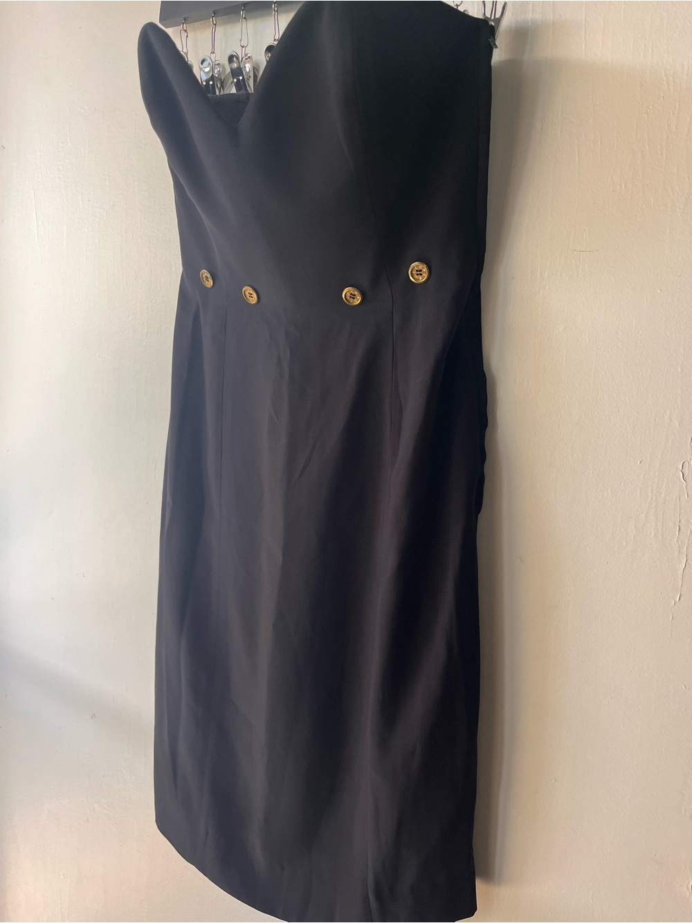 Moschino Couture Vintage Black Strapless Sheath Dress with Gold Buttons